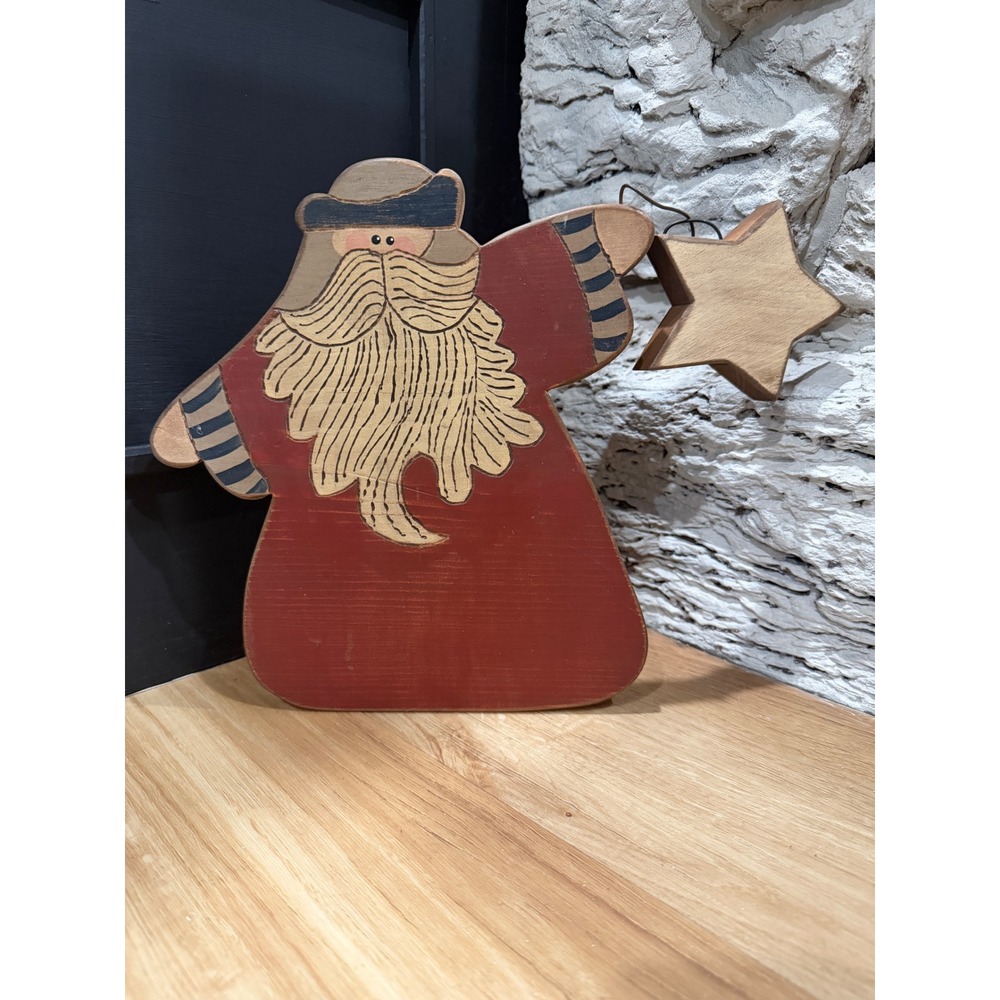 Vintage Primitive Wooden Santa Claus Folk Art Figurine with Star Christmas Decor